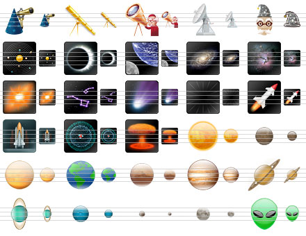 Collection of ready-made space, science and astronomy icons for software and Web